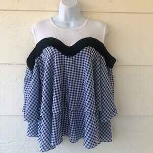 Women’s Summer Top P Luca Milano Layered Flare Sleeve Size Medium Blue Gingham